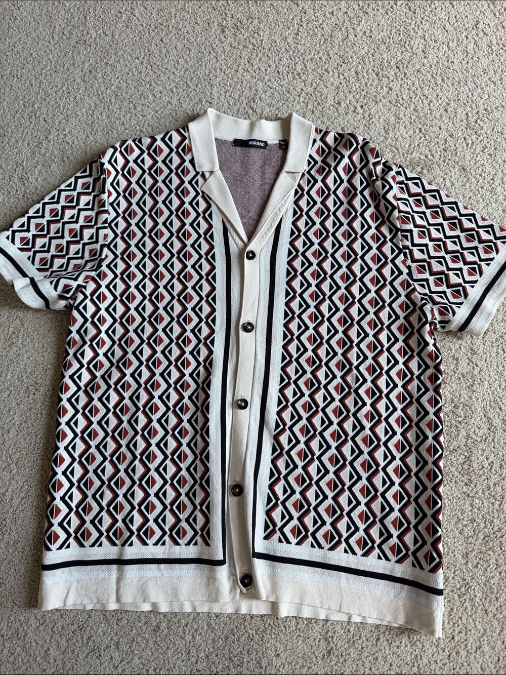 Murano Geometric Short-Sleeve Cardigan - Cream, Black & Red